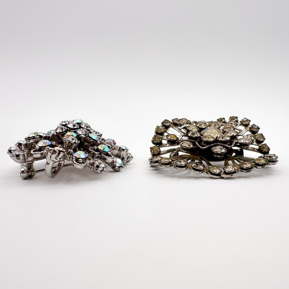Vintage Atomic Starburst Brooch Pair Clr Rhinestone vs Aurora Borealis '50s '60s - Picture 9 of 12